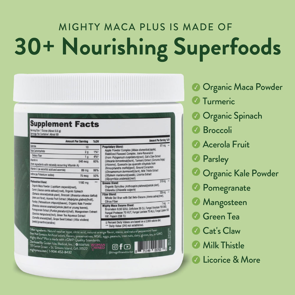 VIDAPURA comparación de porciones Mighty Maca Plus 60 porciones visibles