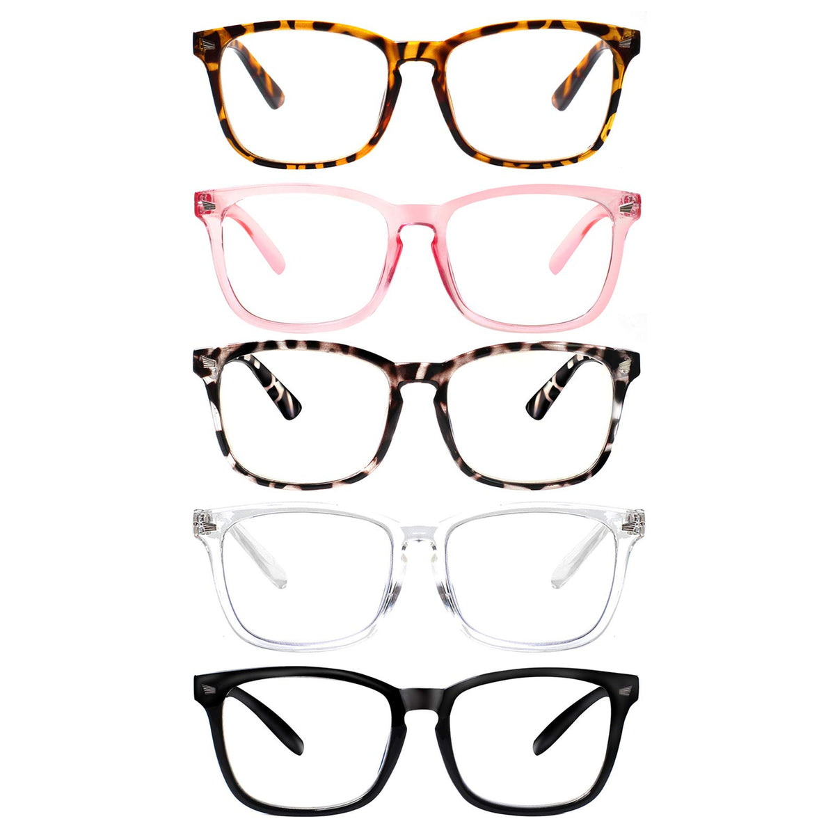 VIDEBLA vista frontal del pack de 5 gafas mostrando diseño uniforme y práctico