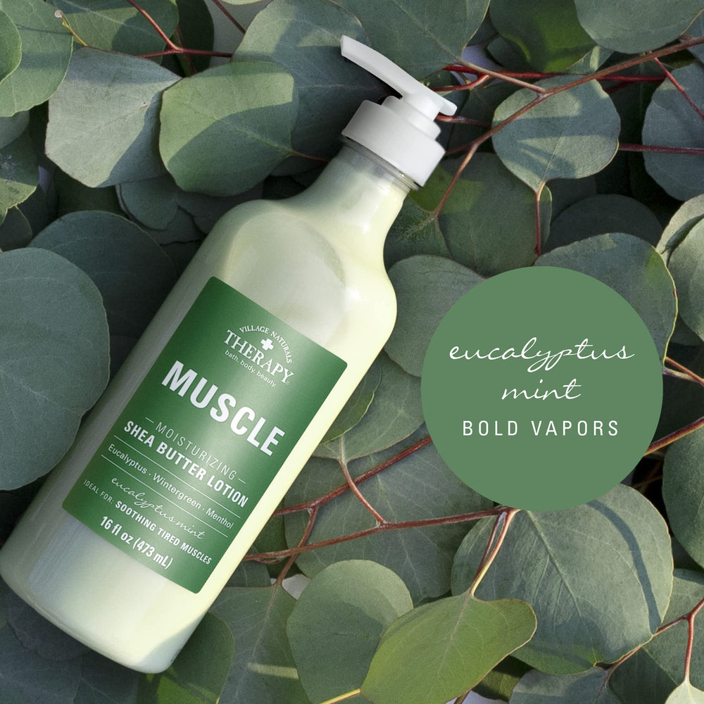 Village Naturals Therapy aplicación en pierna para aliviar tensión y refrescar músculos