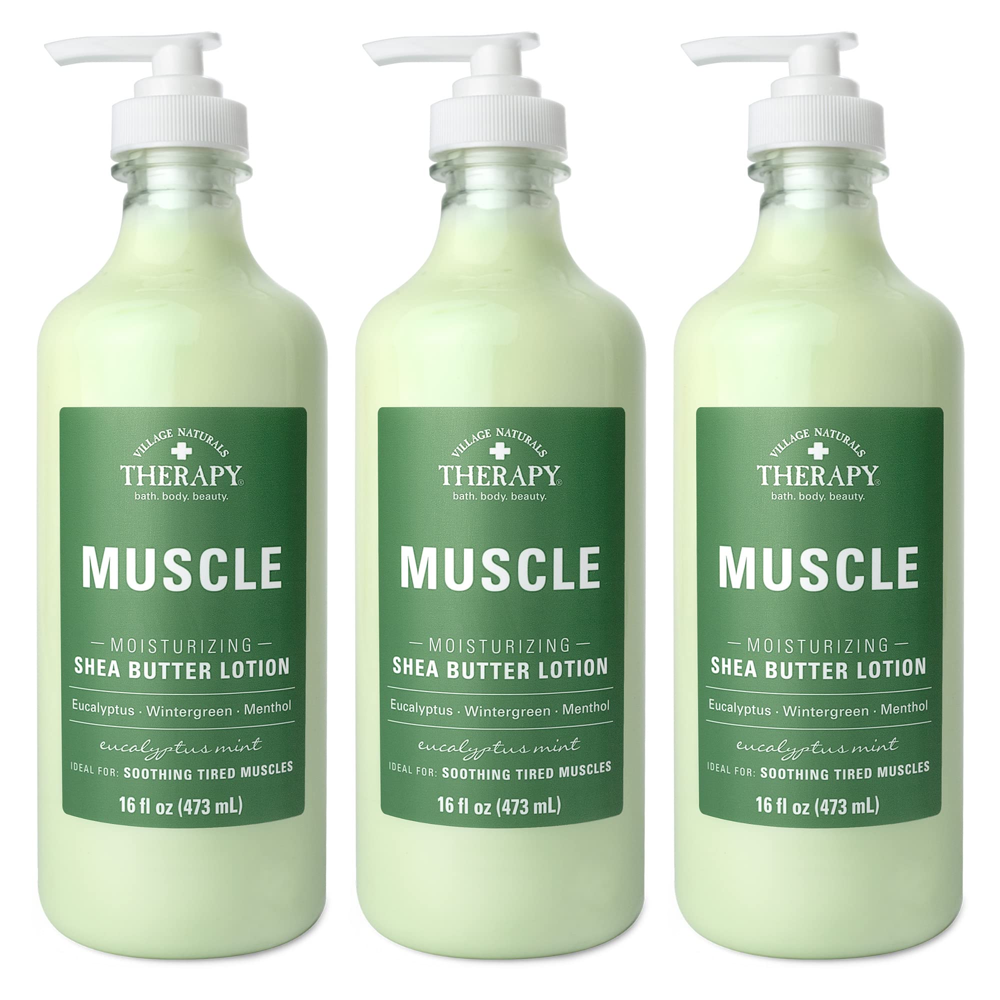 Village Naturals Therapy frontal del envase mostrando el diseño y aroma eucalipto-menta