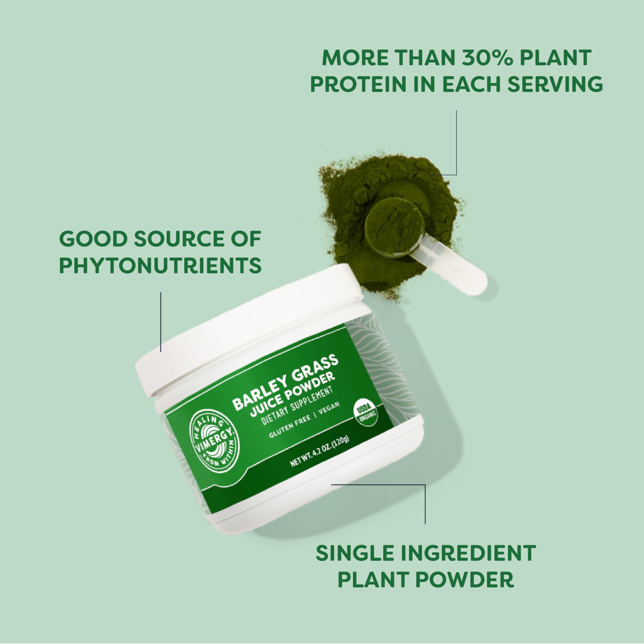 Vimergy polvo mezclado en batido verde, aporta energía vegetal