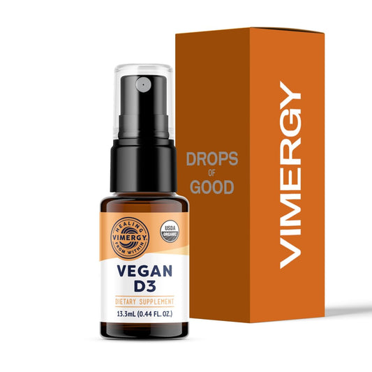 Vimergy frasco frontal mostrando 96 porciones y etiqueta orgánica, conveniencia diaria