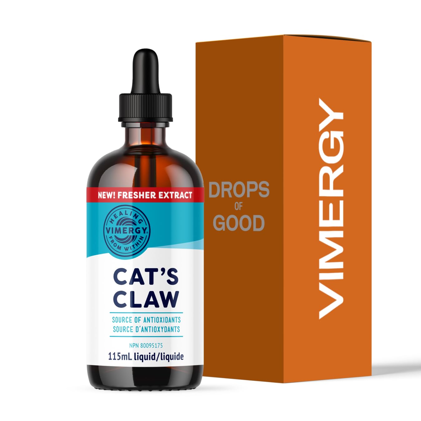 Vimergy frasco delantero Cat’s Claw mostrando envase y tamaño beneficioso