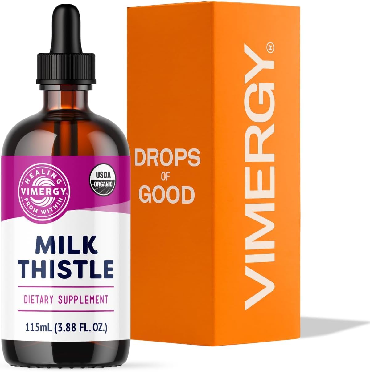 Vimergy frasco frontal mostrando etiqueta y capacidad, transmite confianza