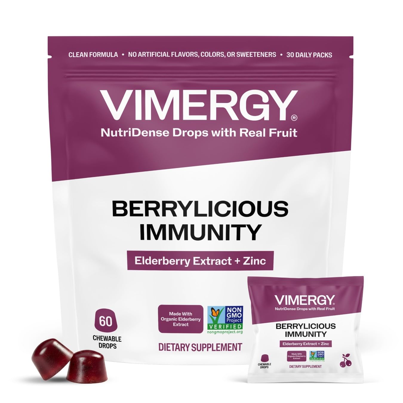 Vimergy empaque frontal mostrando sachets y beneficios de conveniencia