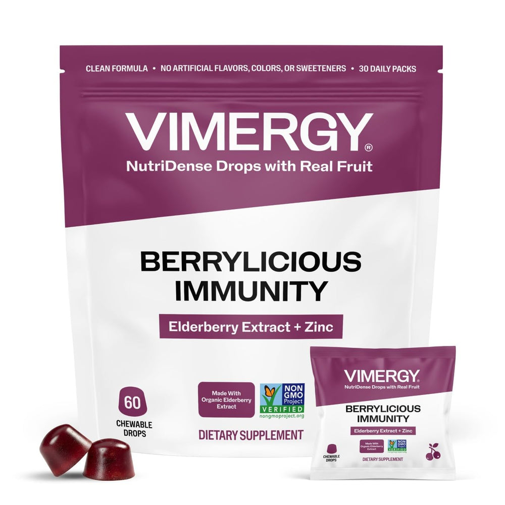 Vimergy empaque frontal mostrando sachets y beneficios de conveniencia