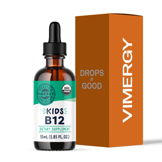 Vimergy frente del envase B12 Kids mostrando etiqueta clara y beneficios