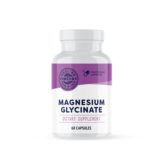Vimergy envase frontal de Magnesium Glycinate mostrando la marca y beneficio vegano