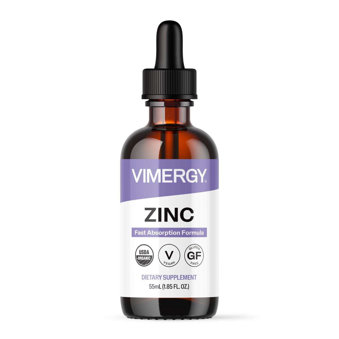 Vimergy frasco frontal mostrando zinc líquido y beneficio de absorción rápida