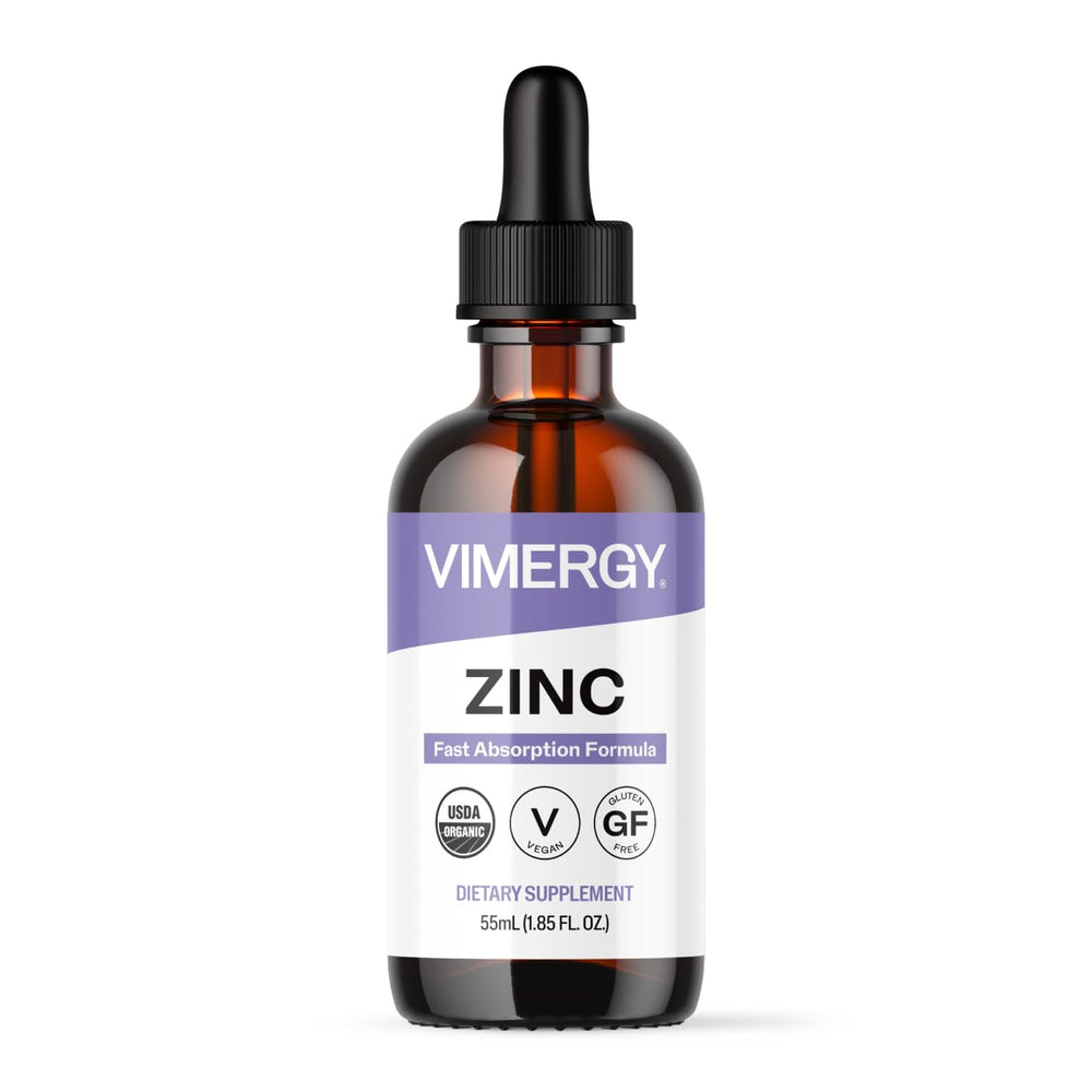 Vimergy frasco frontal mostrando zinc líquido y beneficio de absorción rápida