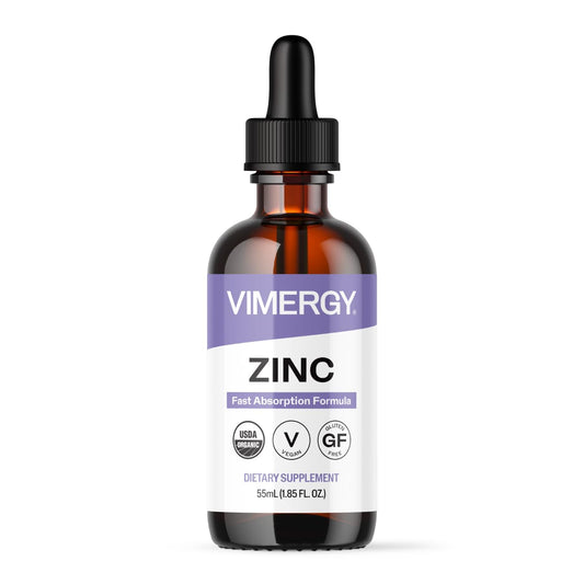 Vimergy frasco frontal mostrando zinc líquido y beneficio de absorción rápida