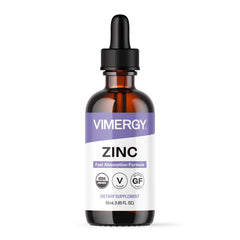 Vimergy frasco frontal mostrando zinc líquido y beneficio de absorción rápida
