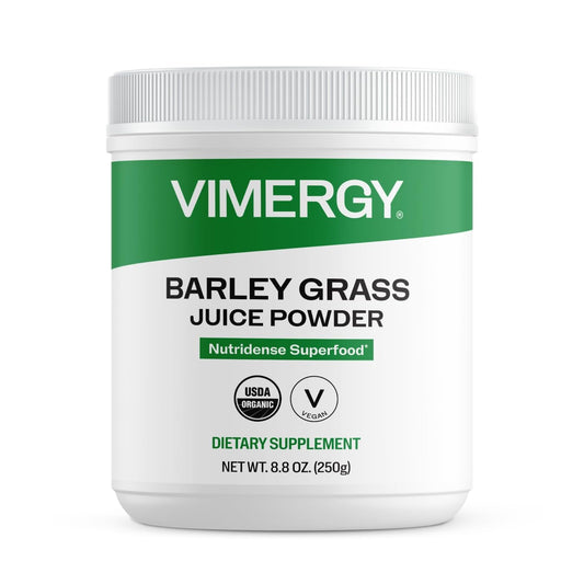 Vimergy empaque frontal de pasto de cebada mostrando aspecto y tamaño, ideal para nutrición diaria