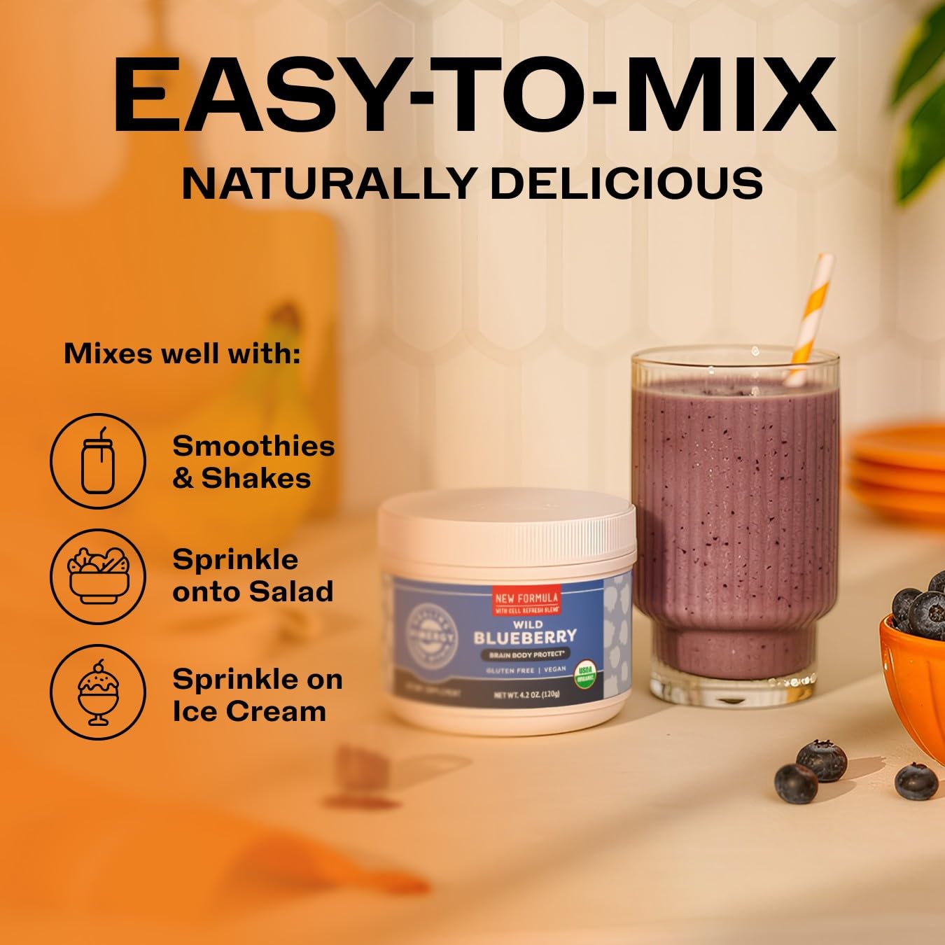 Vimergy polvo mezclado en smoothie, color natural y aporte de sabor
