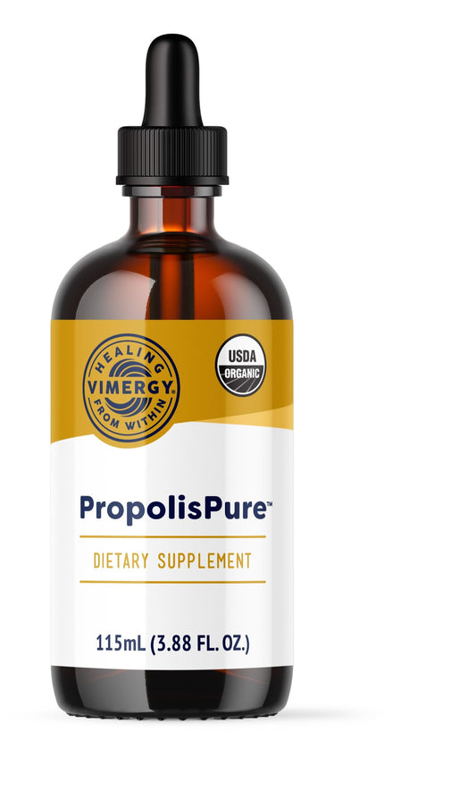 Vimergy PropolisPure frente del frasco mostrando etiqueta y beneficio de pureza