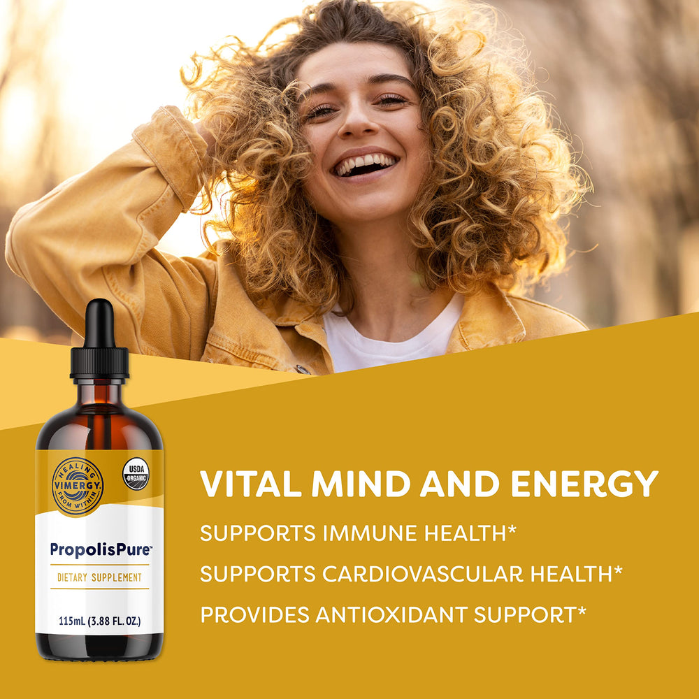 Vimergy PropolisPure textura líquida en gotero destacando concentración y limpieza