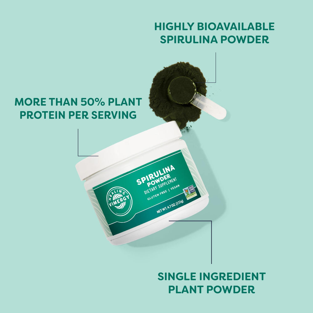 Vimergy spirulina mezclada en batido para añadir proteína vegetal fácilmente