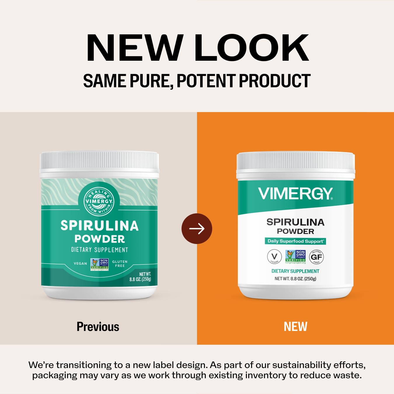 Vimergy spirulina etiqueta con ingredientes claros, tranquilidad y transparencia