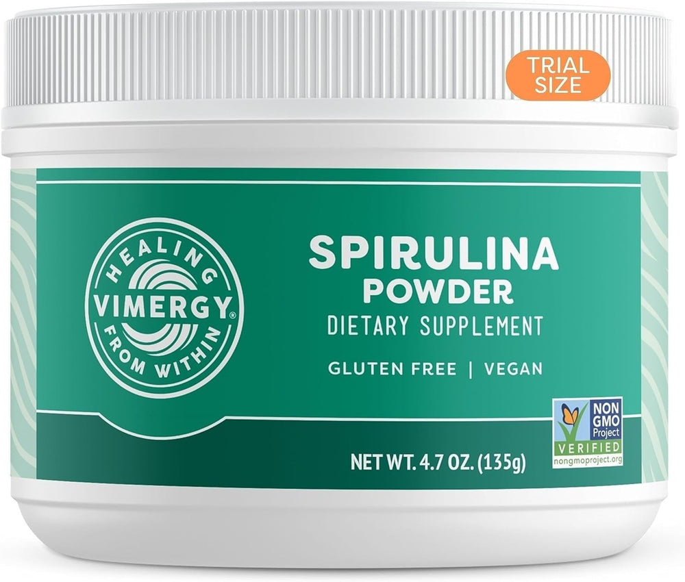 Vimergy spirulina frente del empaque mostrando diseño y ventaja proteica