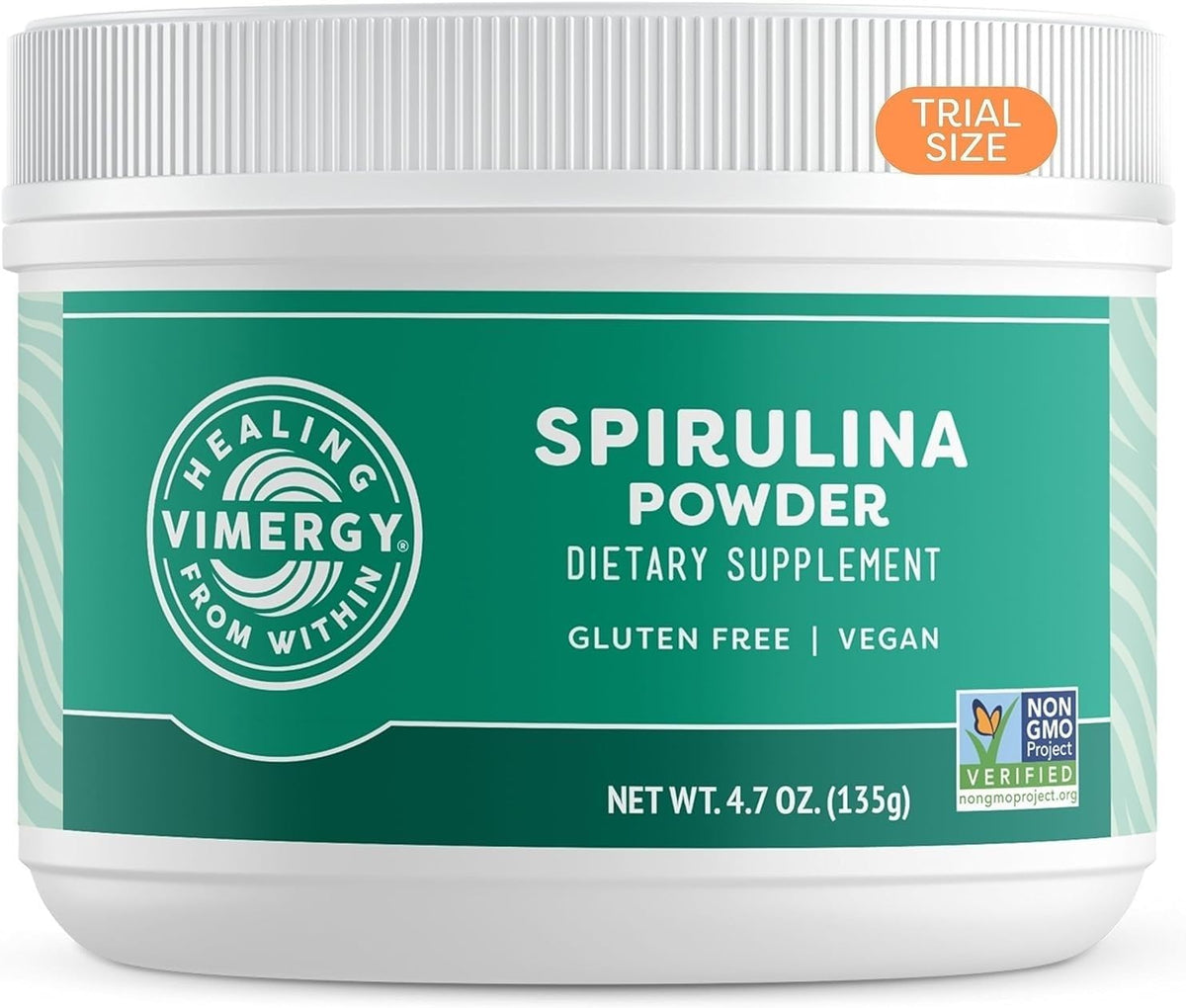 Vimergy spirulina frente del empaque mostrando diseño y ventaja proteica