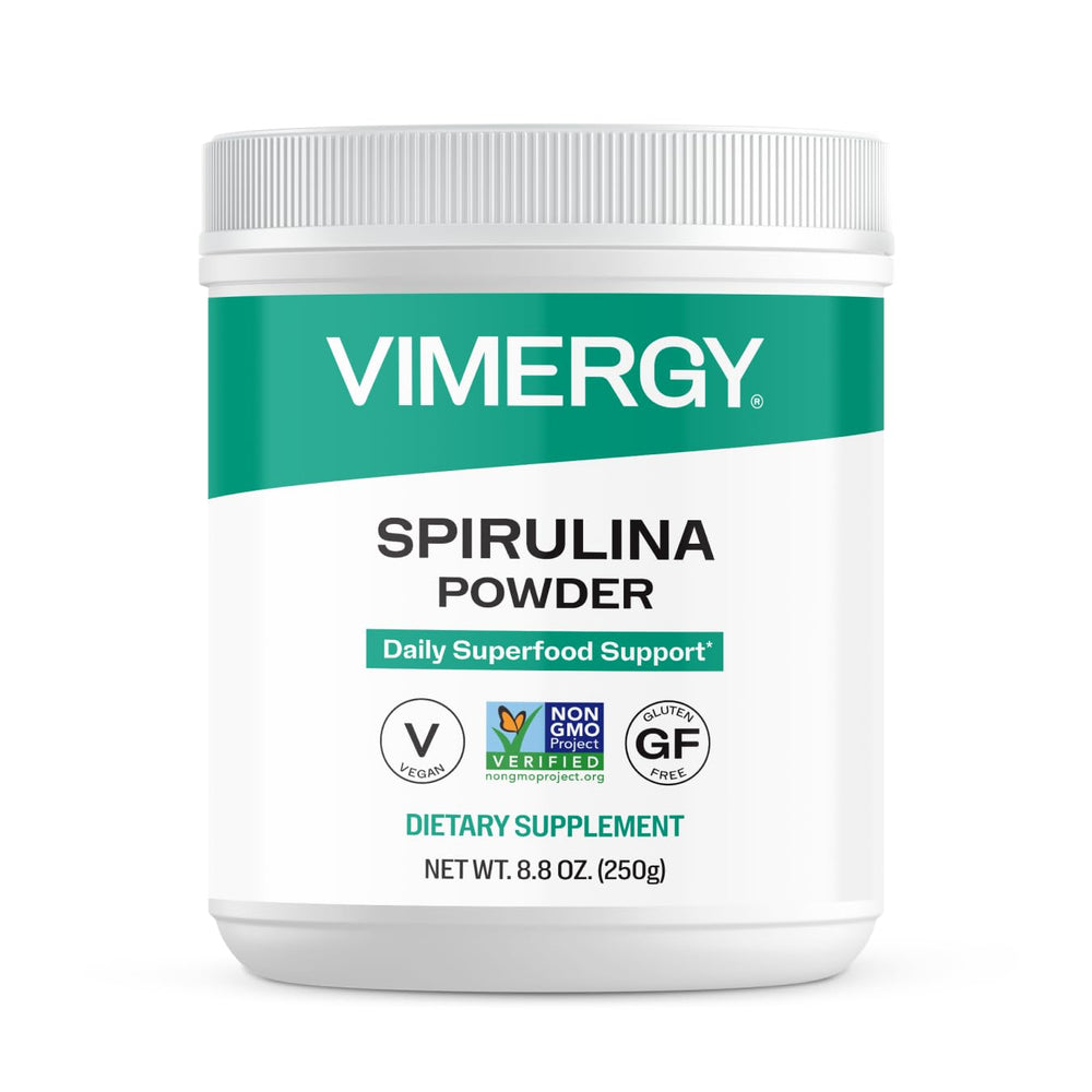 Vimergy spirulina envase frontal mostrando la marca y formato 250 g, fácil identificación