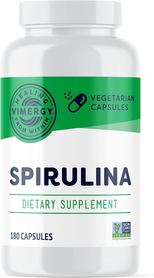 Vimergy spirulina vista frontal del envase mostrando 180 cápsulas y etiquetado limpio