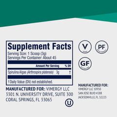 Vimergy spirulina con cucharilla para comparar tamaño de la porción práctica