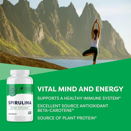 Vimergy spirulina primer plano del polvo verde que muestra textura fina y pureza