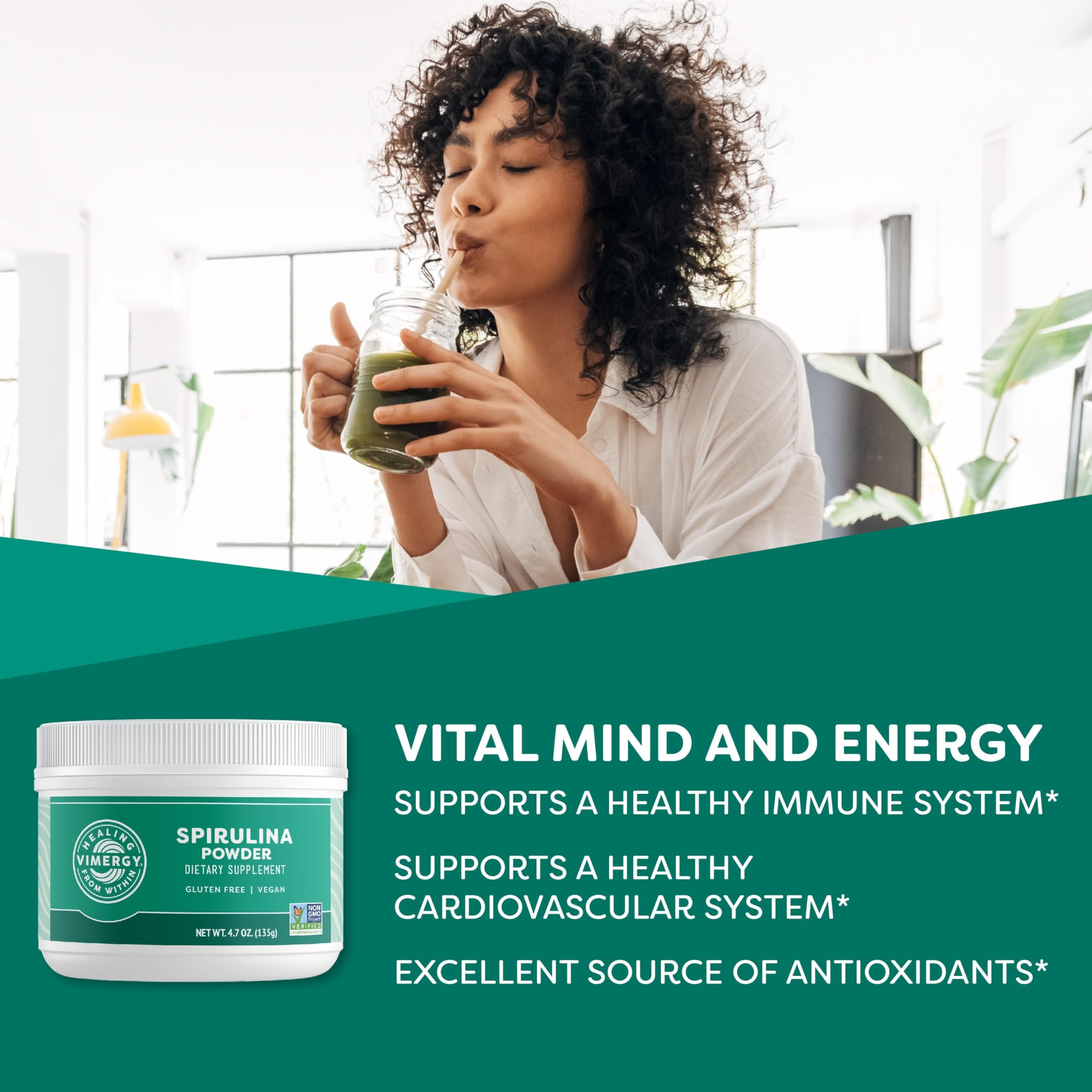 Vimergy spirulina textura fina del polvo para mezcla rápida y digestión