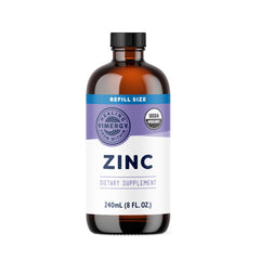 Vimergy frasco frontal de Zinc líquido 240 mL mostrando etiqueta clara y raciones