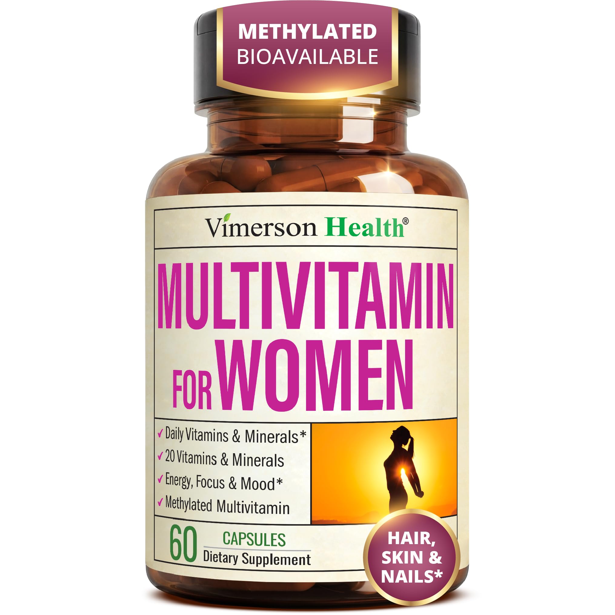 Vimerson Health envase frontal mostrando multivitamínico para mujeres y beneficio de energía
