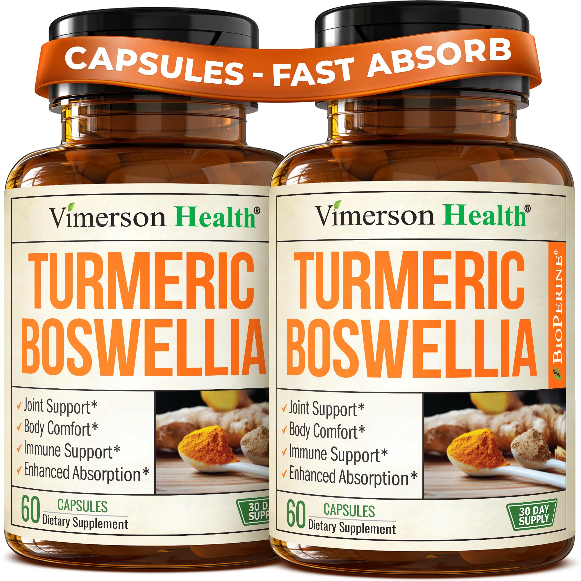 Vimerson Health frasco frontal que muestra la mezcla de Boswellia y cúrcuma, confianza en el etiquetado