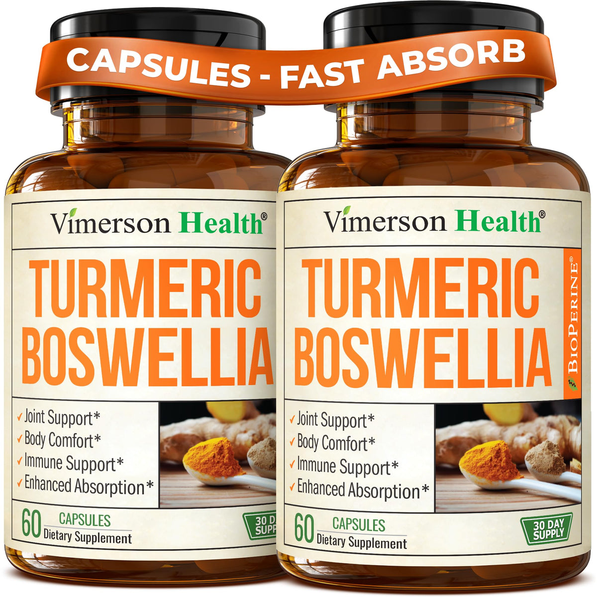 Vimerson Health frasco frontal que muestra la mezcla de Boswellia y cúrcuma, confianza en el etiquetado