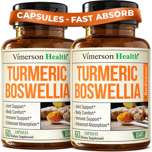 Vimerson Health frasco frontal que muestra la mezcla de Boswellia y cúrcuma, confianza en el etiquetado