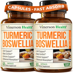Vimerson Health frasco frontal que muestra la mezcla de Boswellia y cúrcuma, confianza en el etiquetado