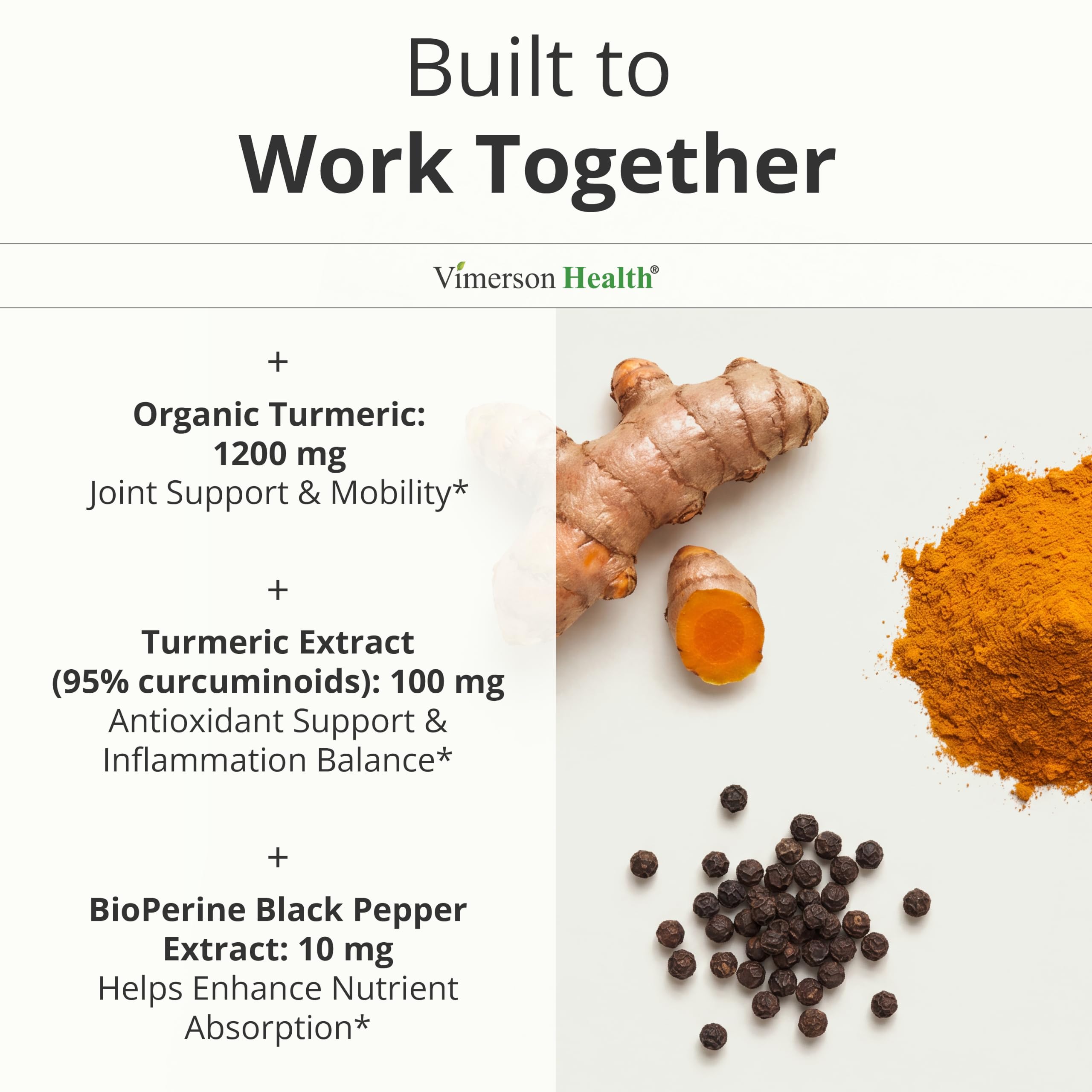 Vimerson Health polvo de cúrcuma orgánica para destacar ingrediente natural