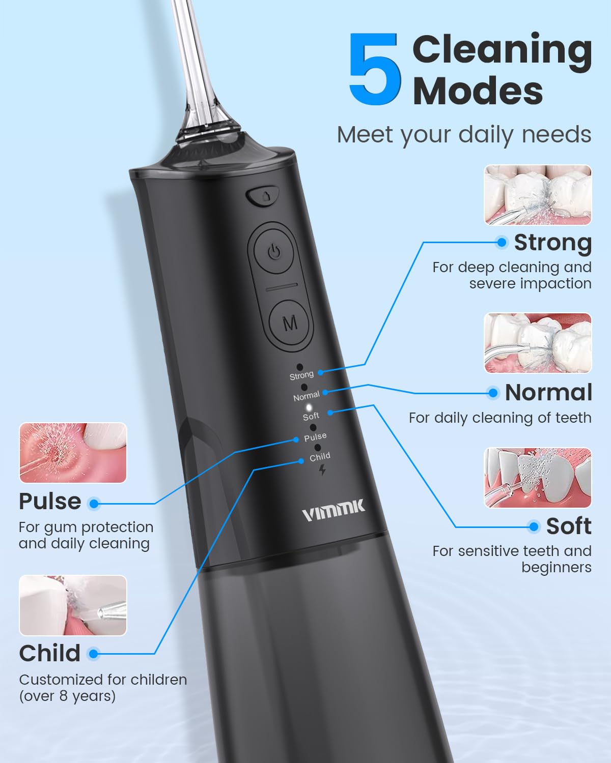 Vimmk en uso sobre lavabo, limpieza interdental cómoda y rápida