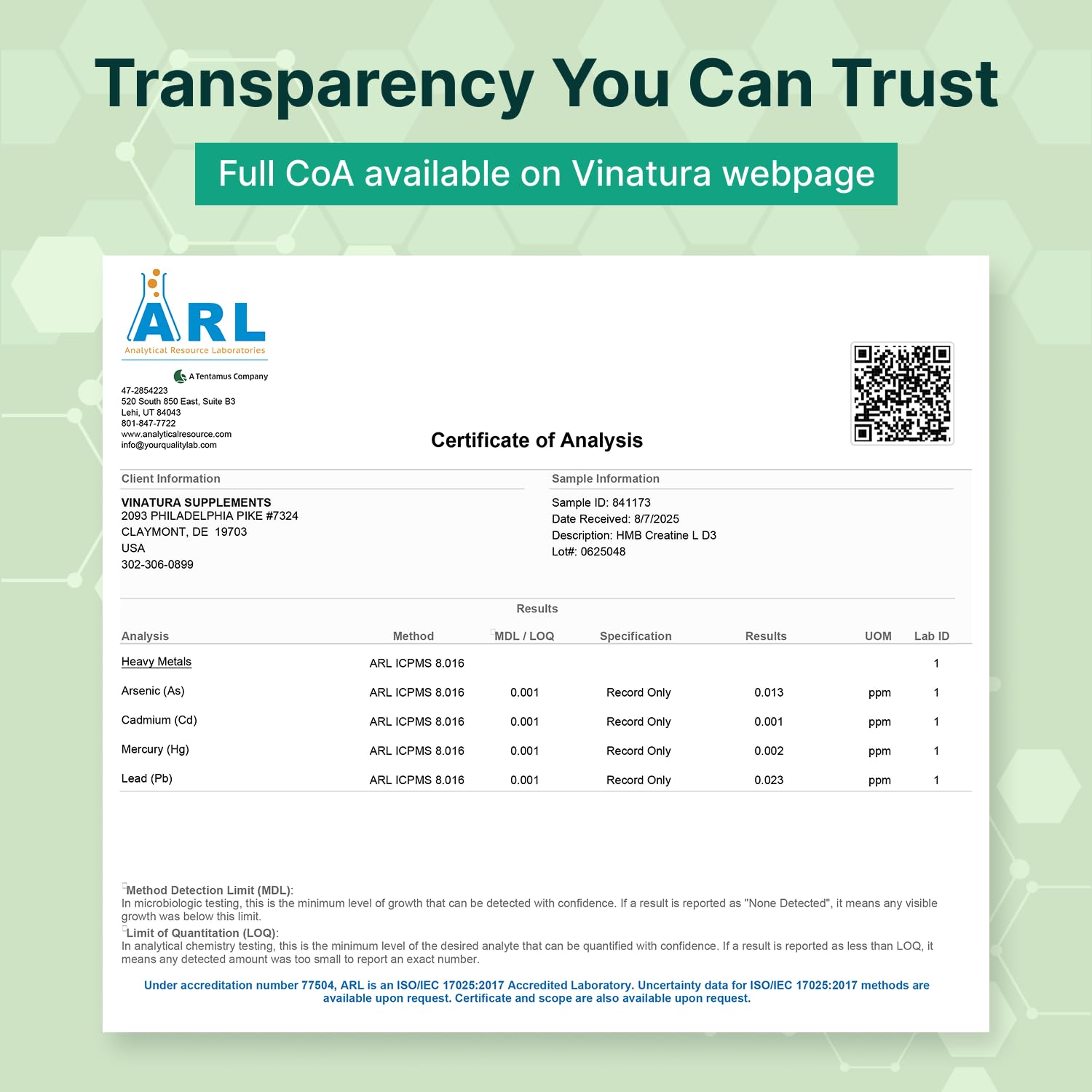 VINATURA certificado NSF en imagen subrayando pruebas de calidad