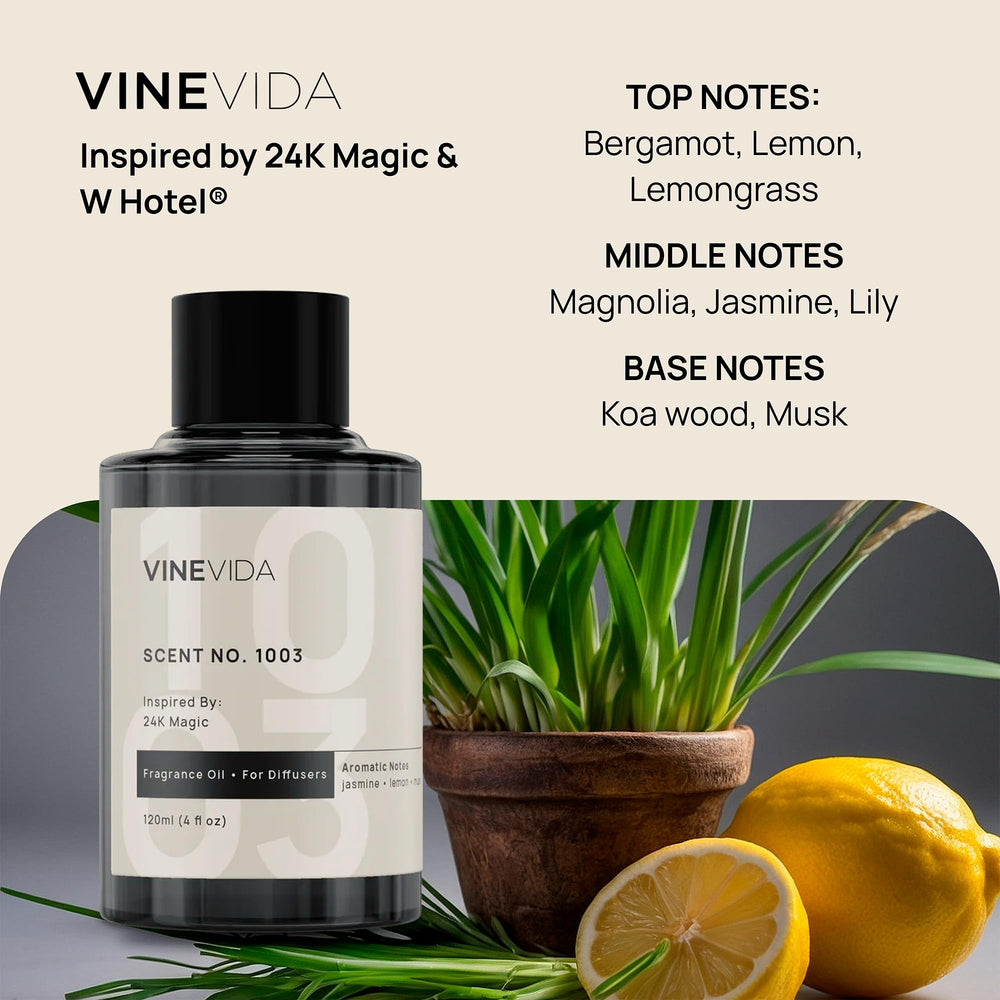 VINEVIDA botella junto a difusor en funcionamiento, aroma efectivo