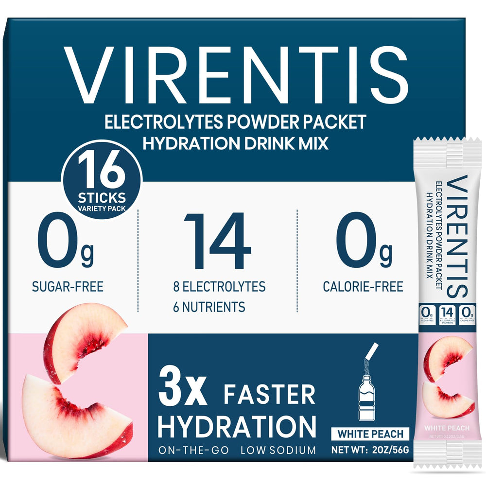 VIRENTIS paquete frontal mostrando 16 sticks y beneficios de hidratación rápida