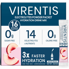 VIRENTIS paquete frontal mostrando 16 sticks y beneficios de hidratación rápida