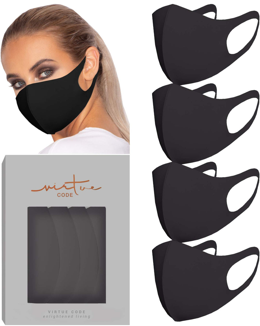 VIRTUE CODE mascarilla pack frontal mostrando acabado negro y ajuste cómodo