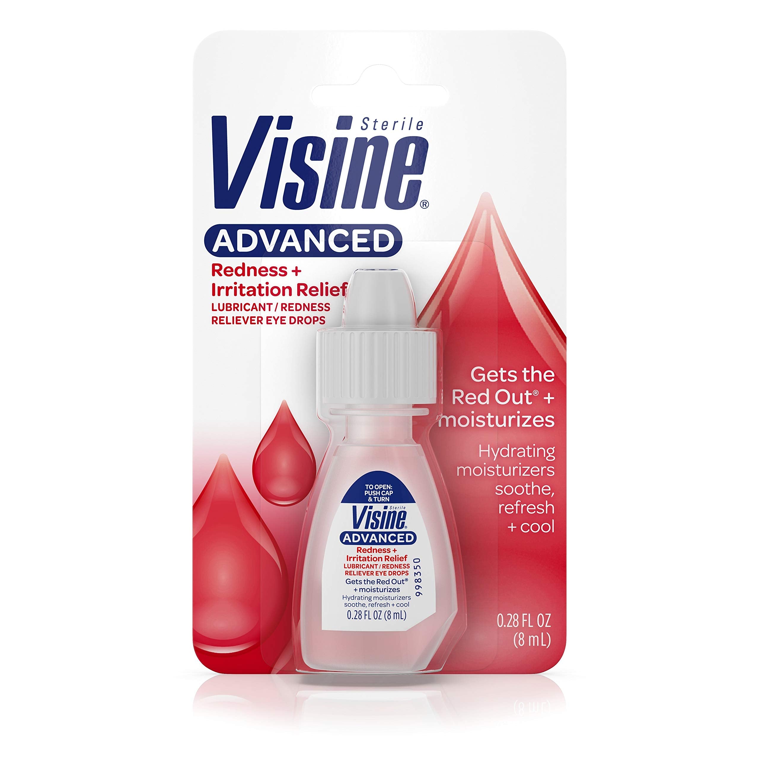 Visine Advanced frontal mostrando envase portátil y alivio inmediato