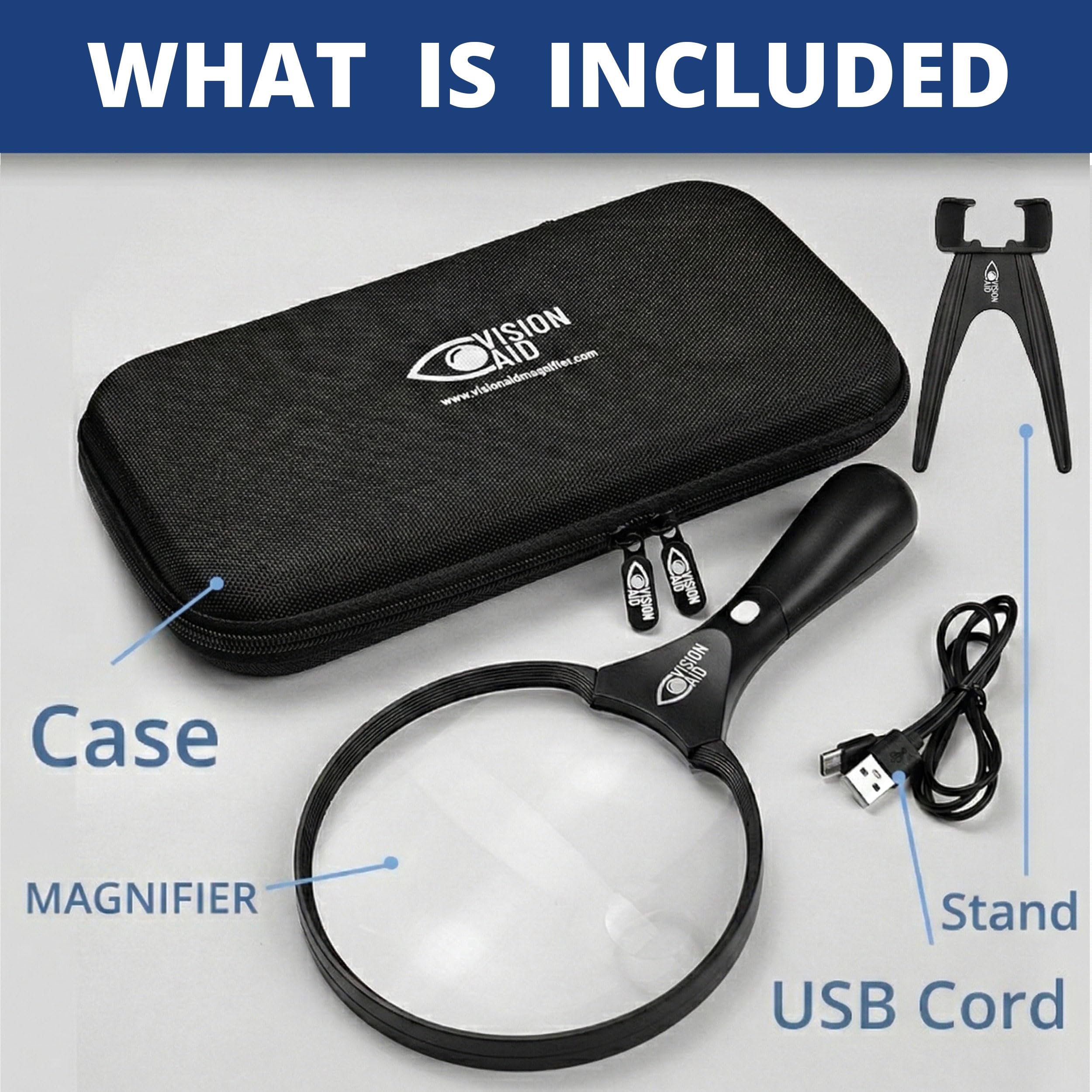 Vision Aid cable USB mostrando recarga rápida y sin pilas