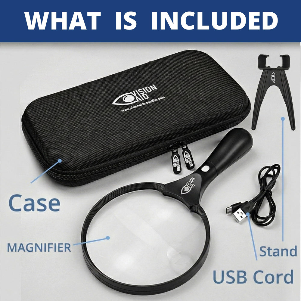 Vision Aid cable USB mostrando recarga rápida y sin pilas