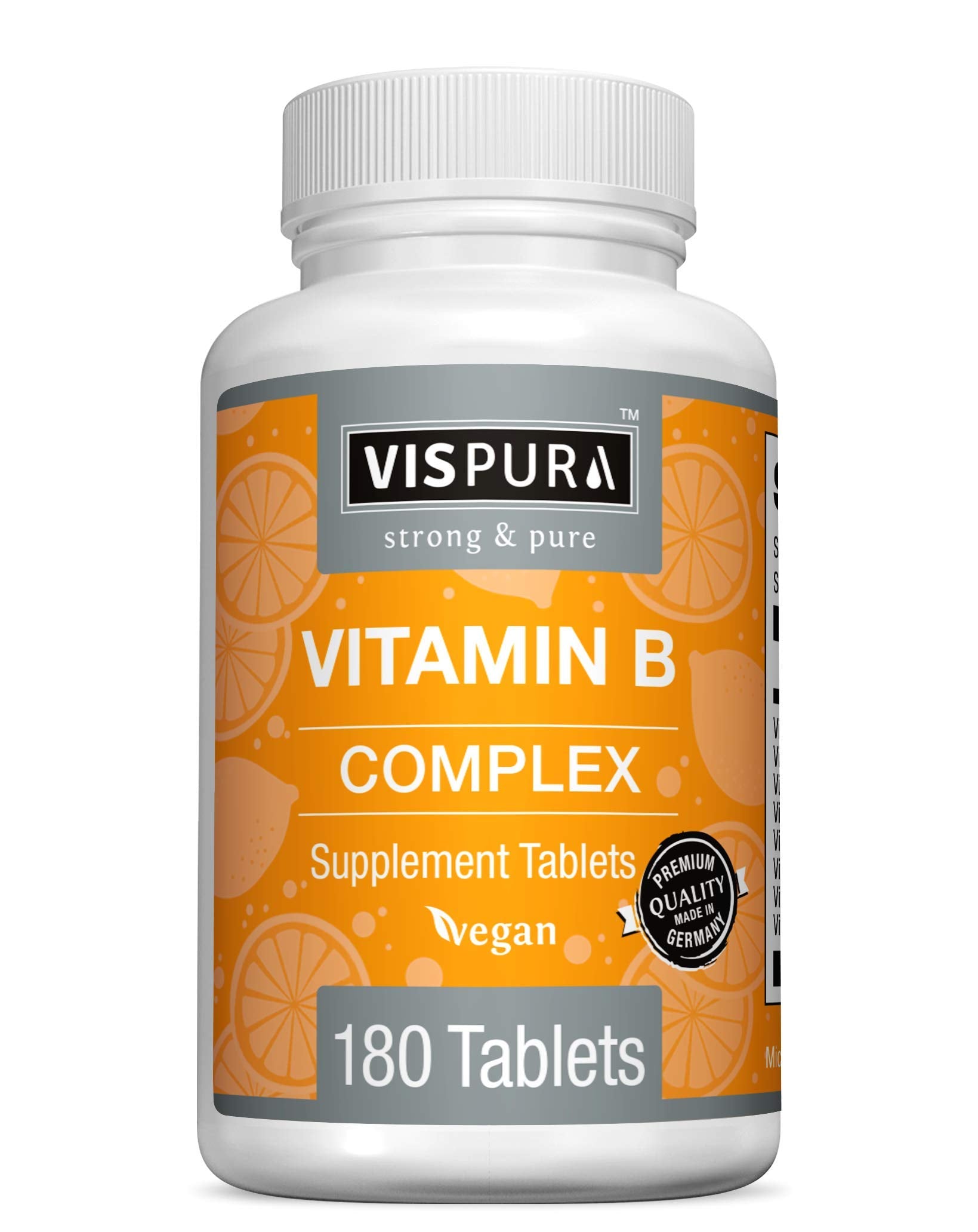 VISPURA frasco frontal con 180 tabletas, visibilidad clara del envase y beneficios