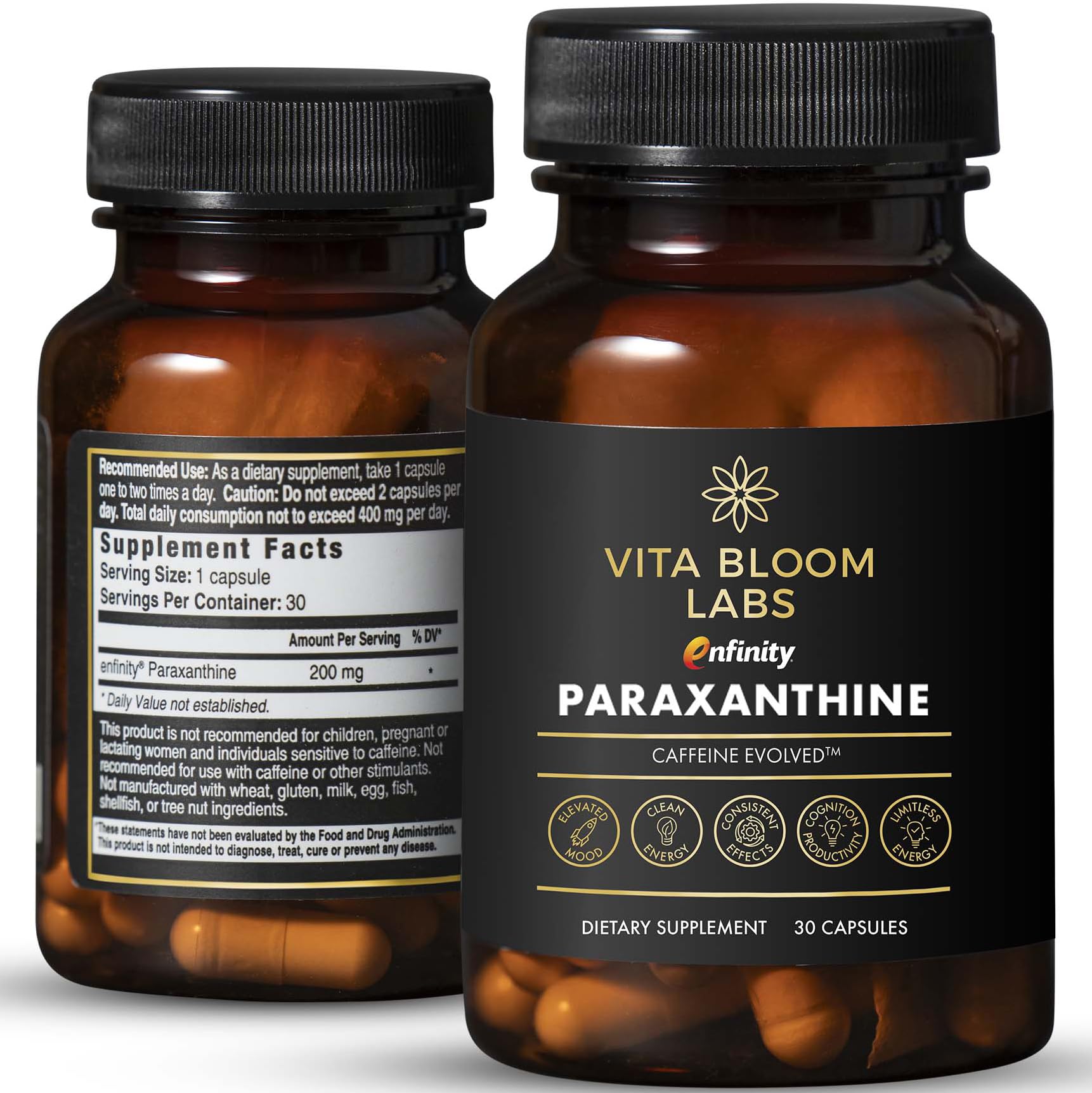 Vita Bloom Labs frasco frontal mostrando nombre y beneficios de energía limpia