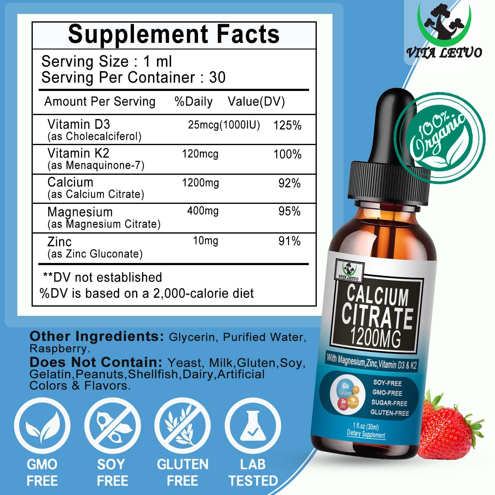 Vita letuo etiqueta nutricional ampliada mostrando ingredientes y pureza