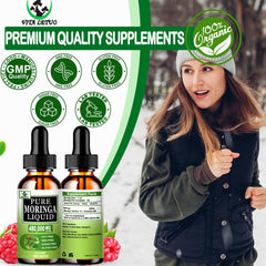 Vita letuo gotas sobre hoja de moringa resaltando origen natural