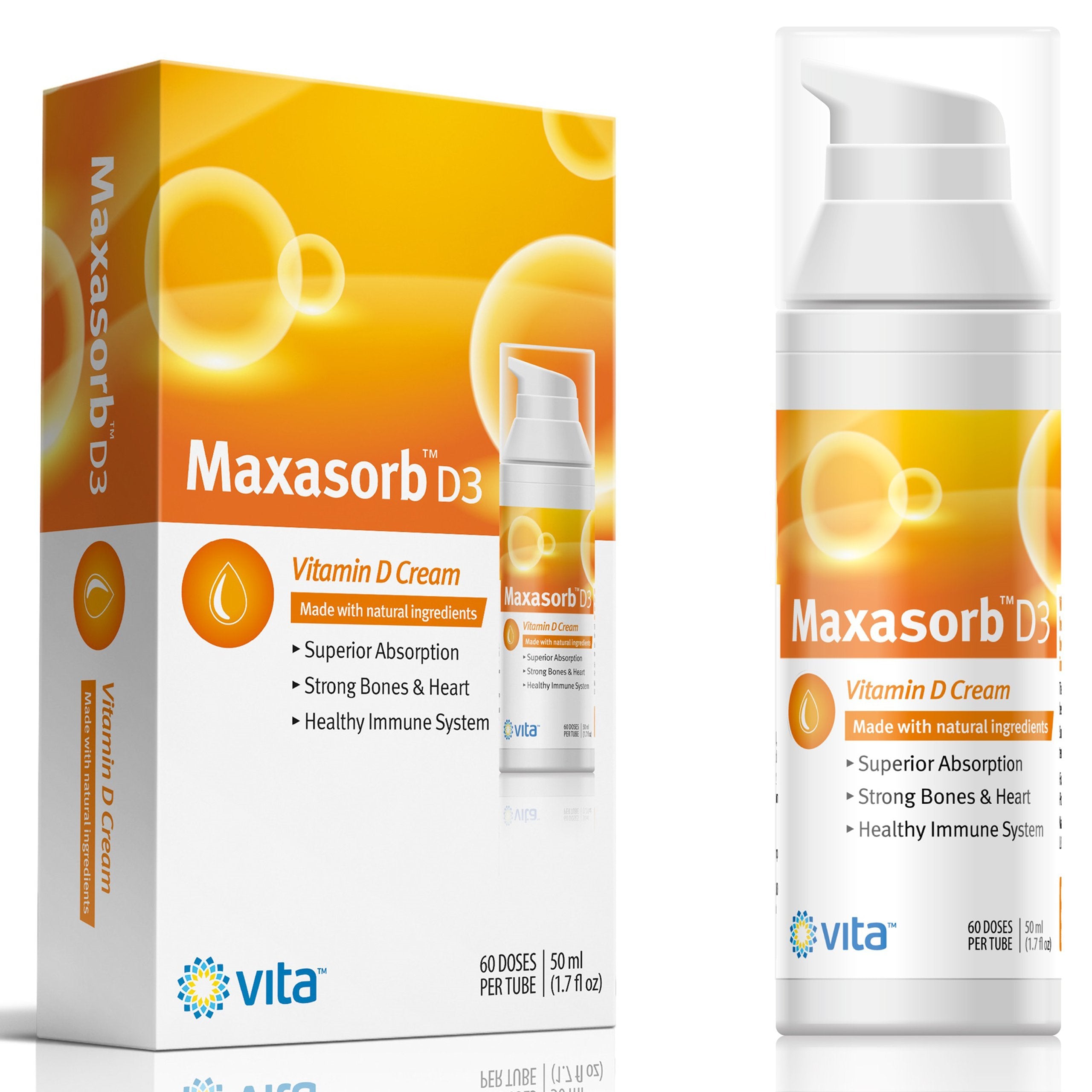 Vita Sciences frasco Maxasorb D3 visto de frente mostrando diseño práctico